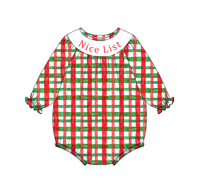 Kids Christmas Red Green Plaid NICE LIST Embroidery Sibling Clothes