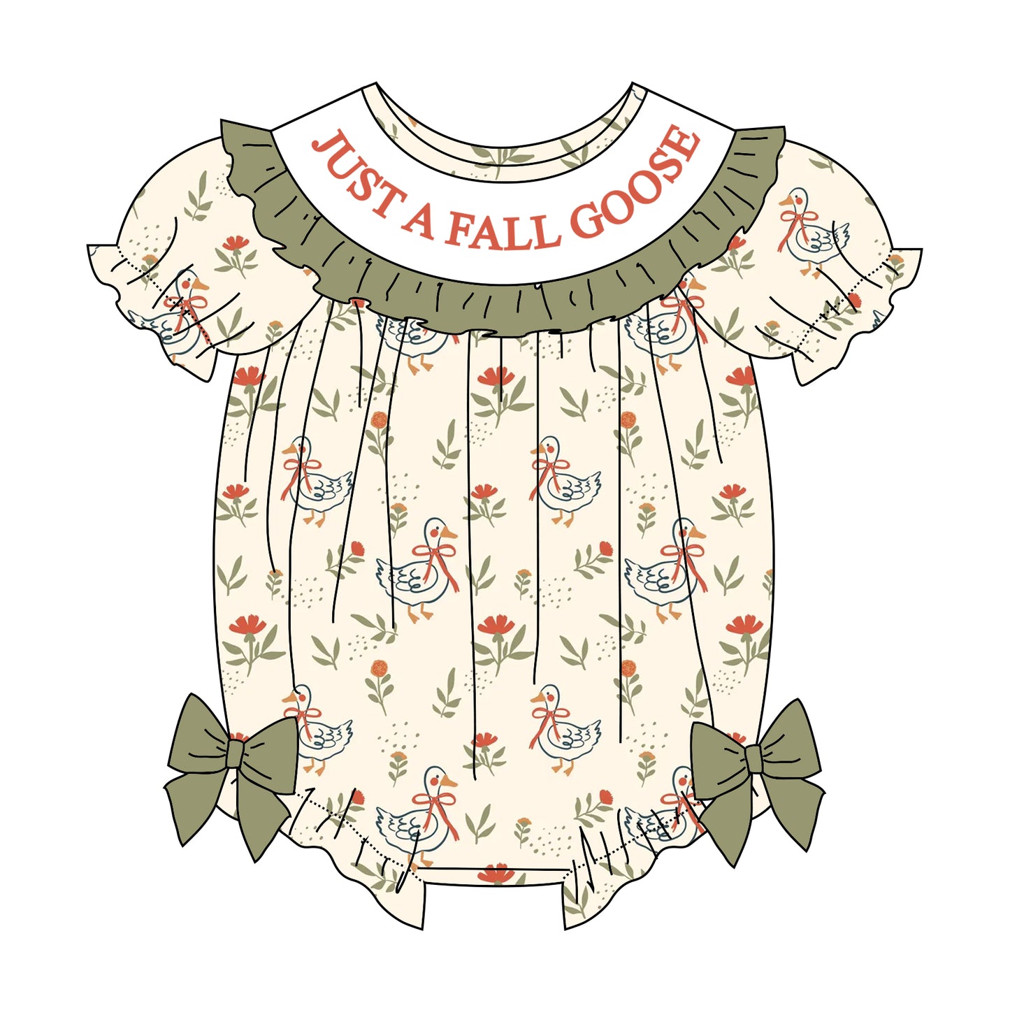 Fall Just A Fall Goose Sister Embroidered Green Bow Dress&Romper