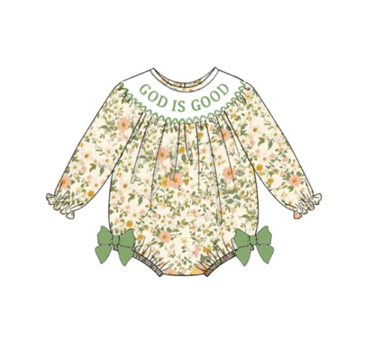 Baby Girls Fall "GOD IS GOOD" Smocked Embroidery Floral Romper