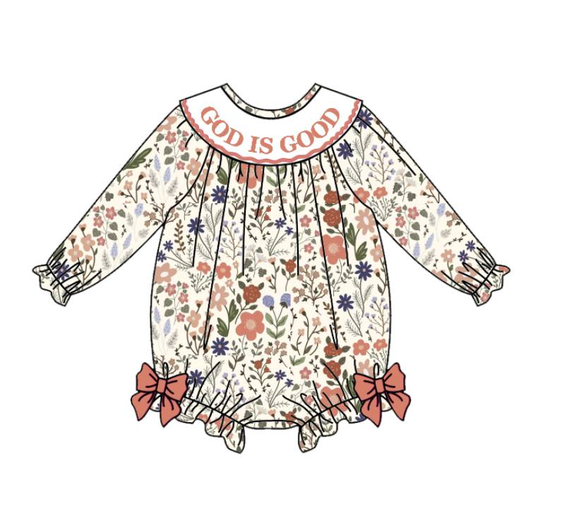 Girls Fall God Is Good Embroidery Smock Floral Dress & Bubble
