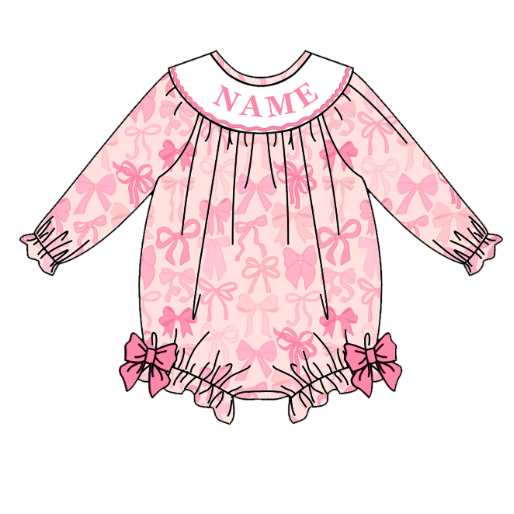 Girls Fall Custom Name Embroidery Smock Pink Bow Dress & Bubble