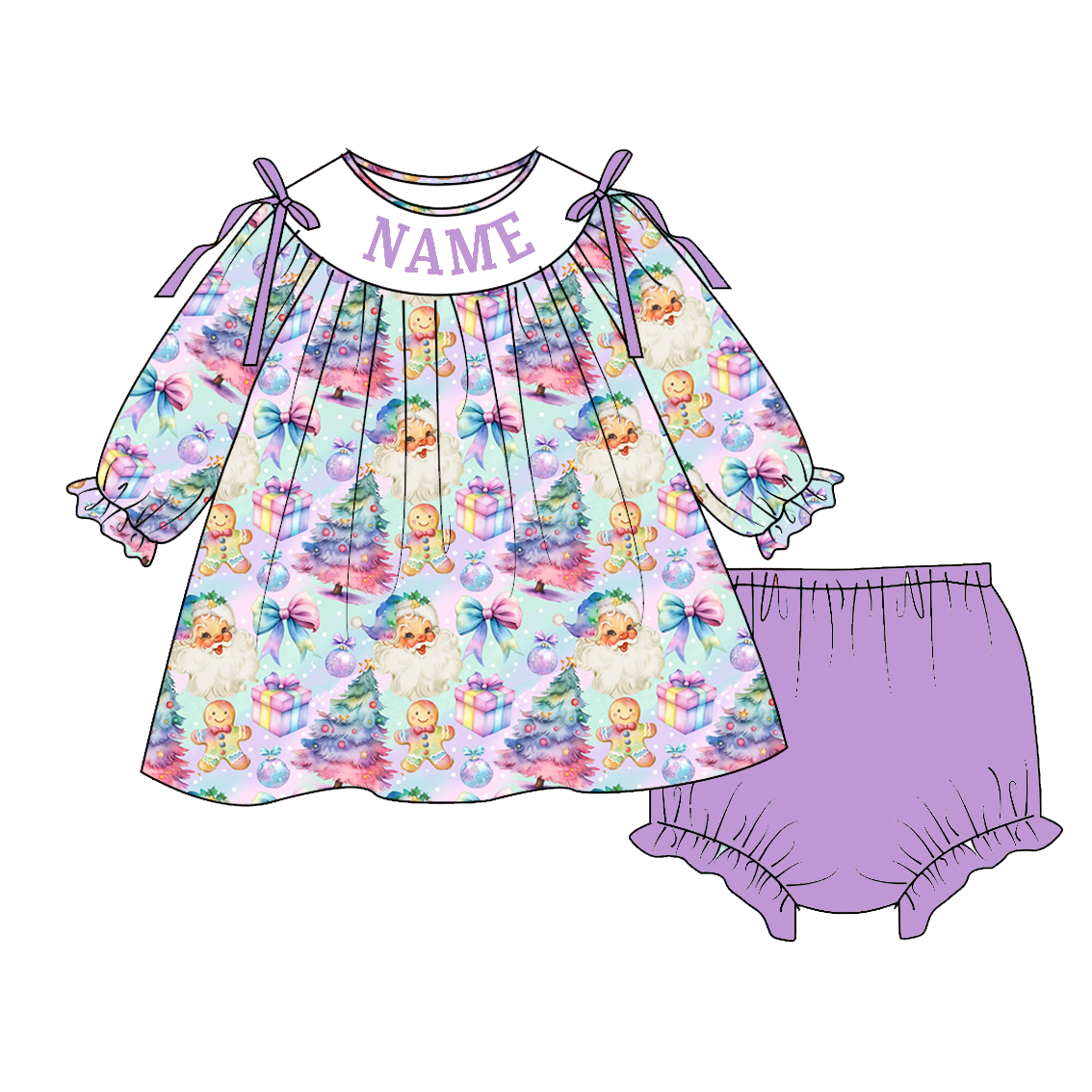 Christmas Tree Santa Smocked Embroidery Custom Name Outfit Collection