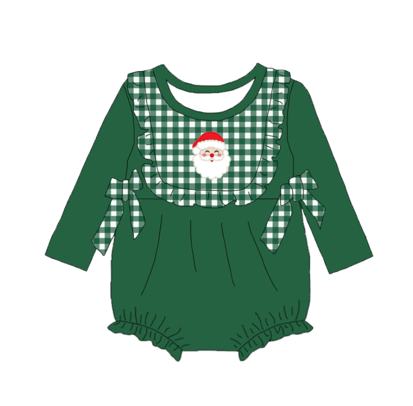 Christmas Sibling Outfit Set – Appliqued Smocked Santa Green Collection