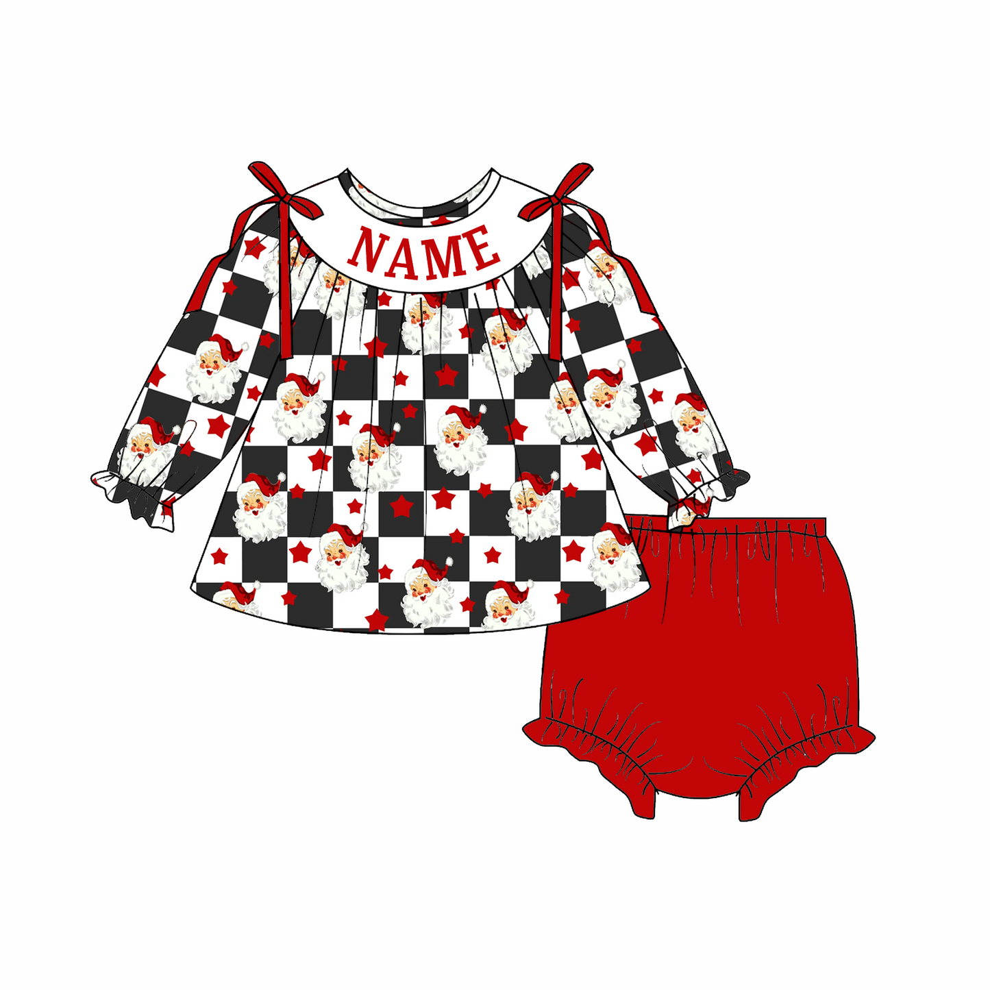 Christmas Custom Name Santa Plaid Smock Embroidery Sibling Outfits