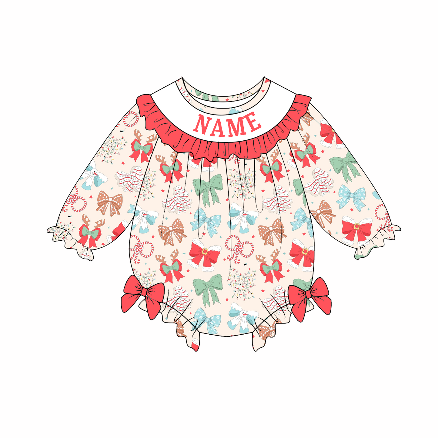 Baby Girls Christmas Custom Name Red Green Bow Embroidery Smock Outfits