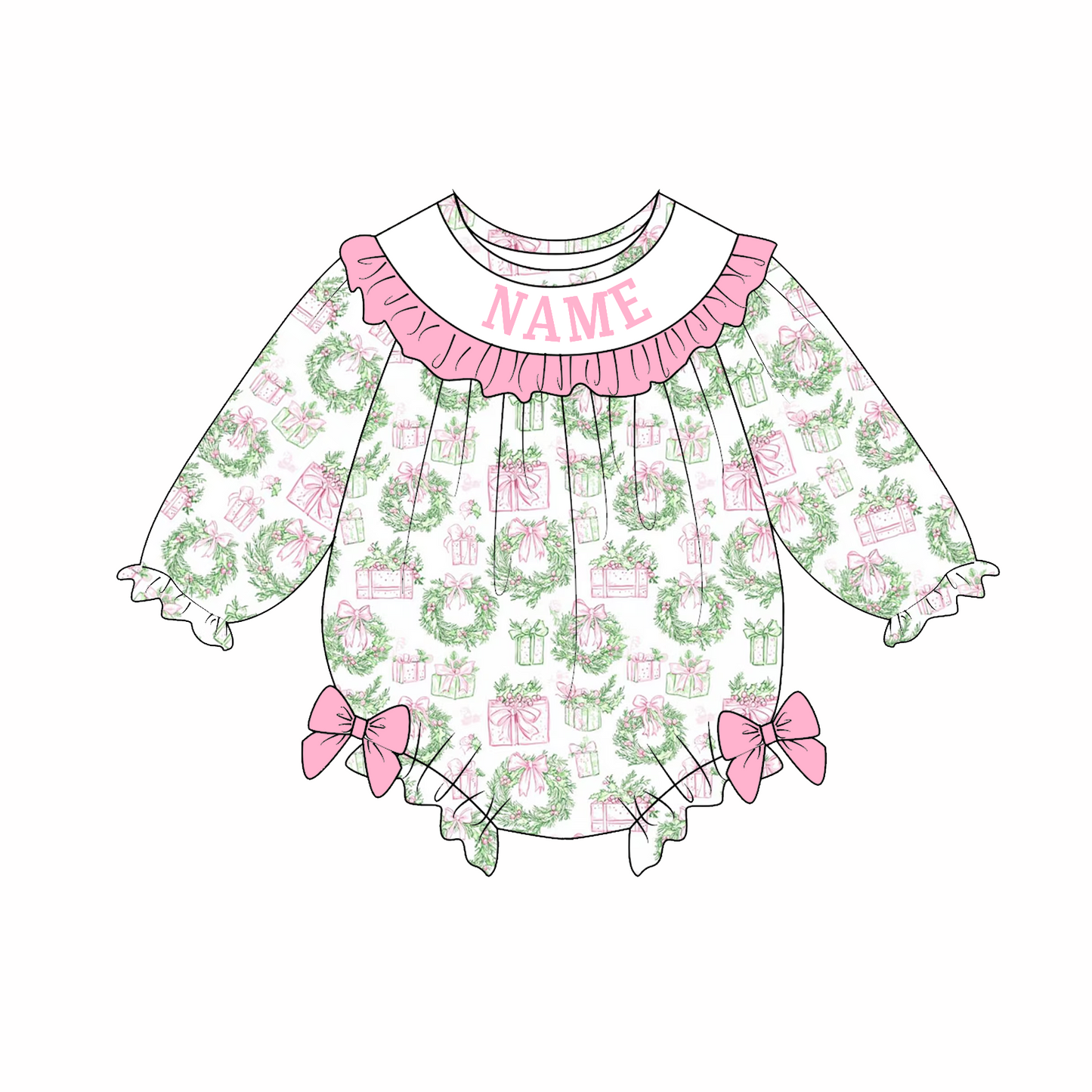 Baby Girls Christmas Custom Name Floral Embroidery Smock Outfits