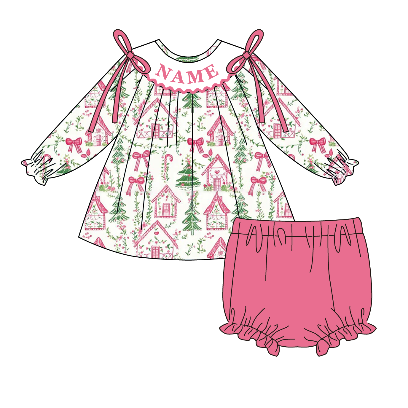 Christmas Smocked Embroidery Custom Name Tree House Outfit Collection