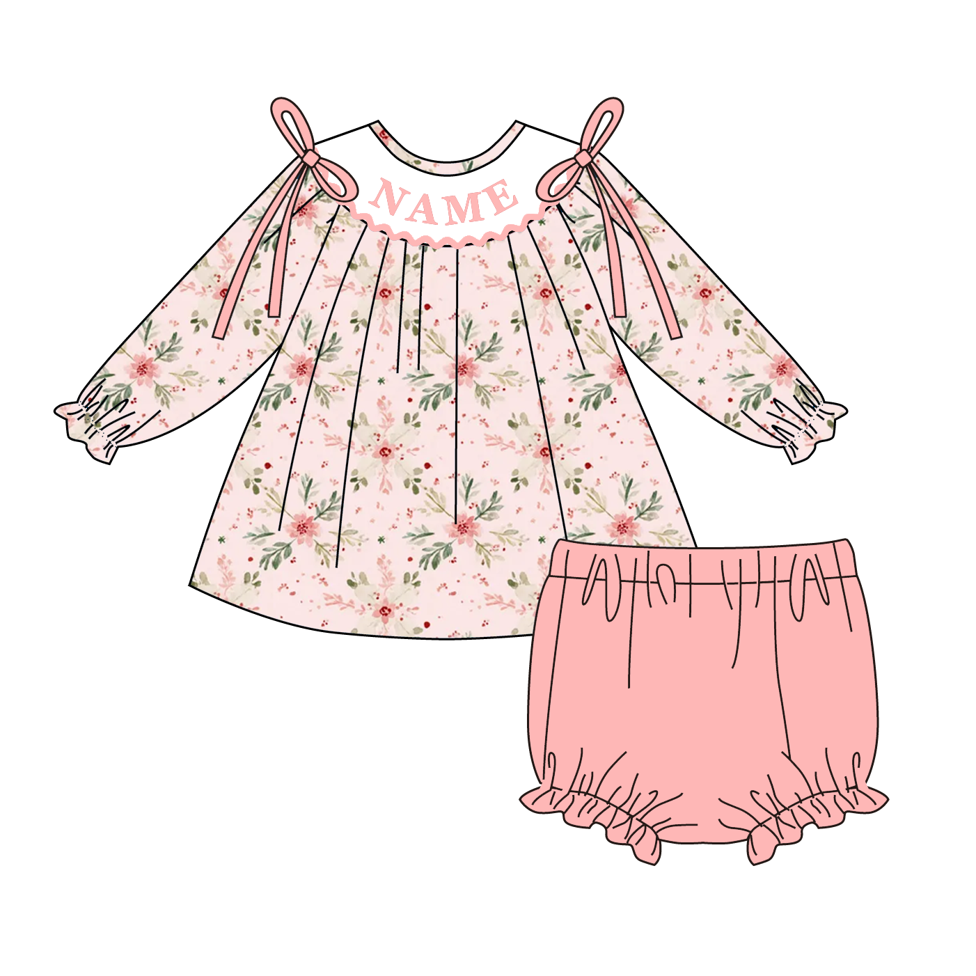 Fall Smocked Embroidery Custom Name Pink Floral Outfit Collection