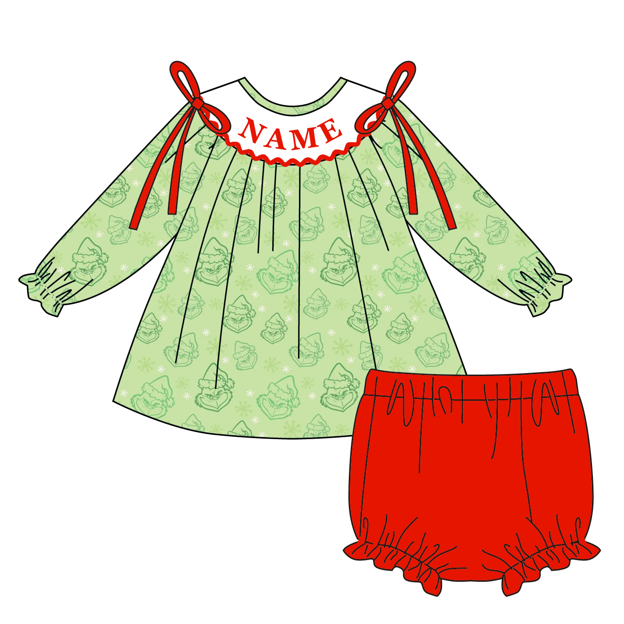 Christmas Smocked Embroidery Custom Name Grinch Outfit Collection