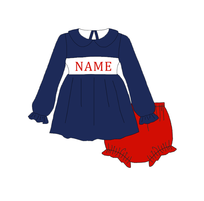 Kids Fall Christmas Custom Name Embroidery Blue Stripes Sibling Outfits