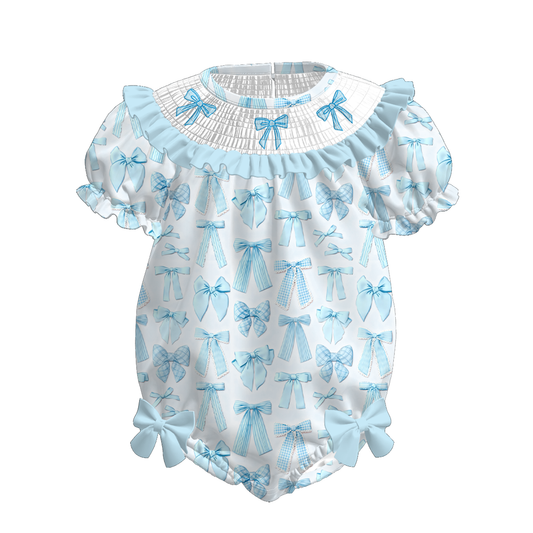 2026 Spring Summer Blue Bow Smock Embroidery Kids Outfits Collection