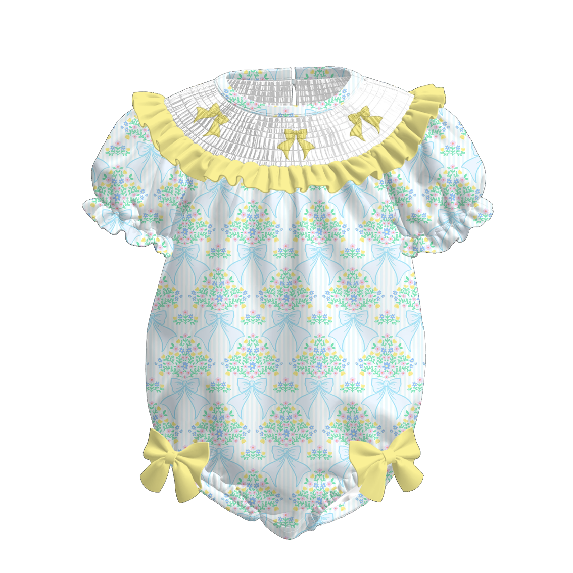 Spring Summer Yellow Bow Floral Smock Embroidery Dress & Romper