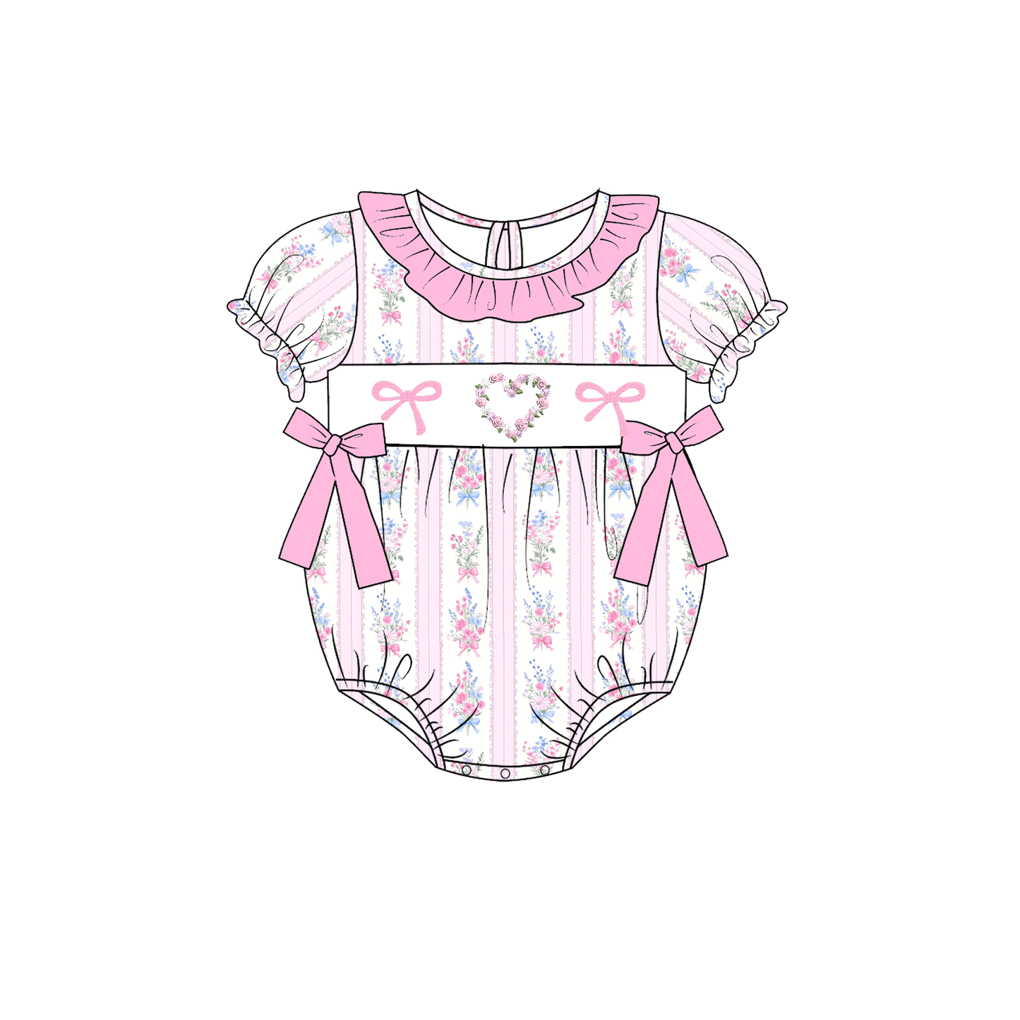 Valentine's Day Pink Foral Custom Name Smocked Embroidered Collection