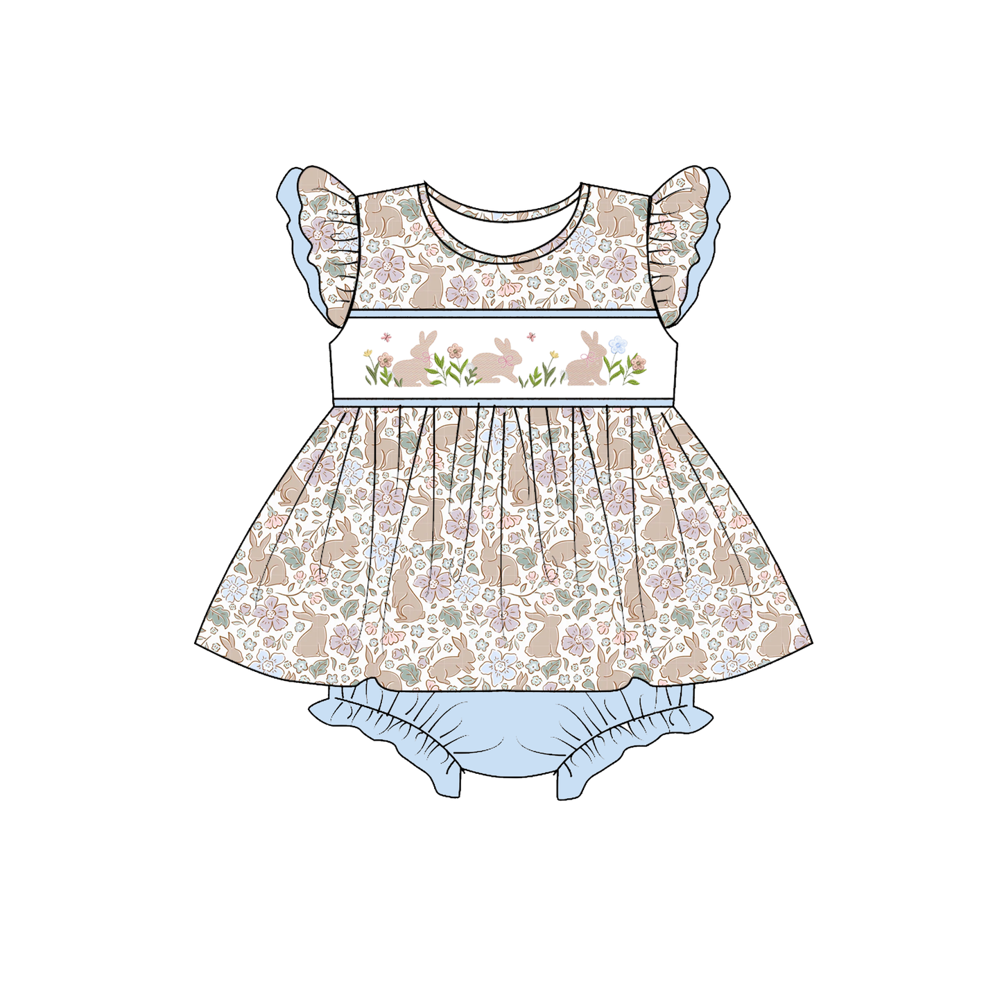 Easter Floral Bunny Embroidery Smocked Dress & Romper Set