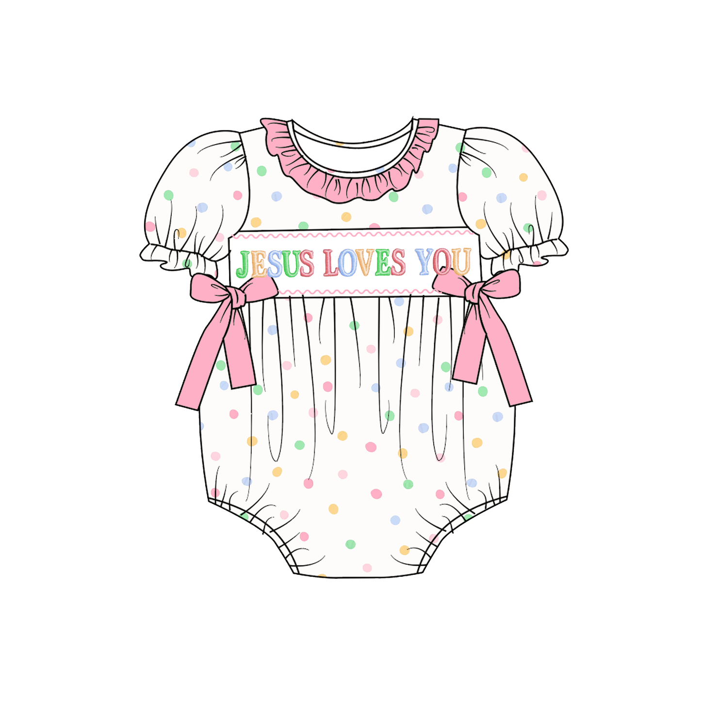 Easter Colorful Dots JESUS LOVES YOU Embroidery Smock Dress & Romper