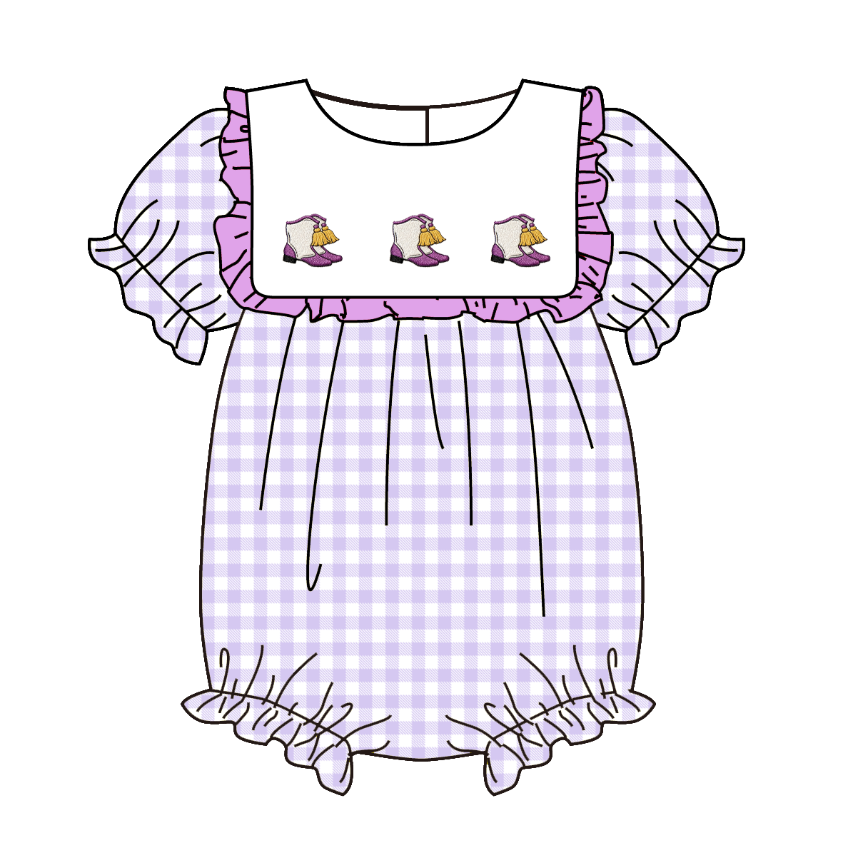 Spring Summer Purple Plaid Boots Embroidery Dress & Romper
