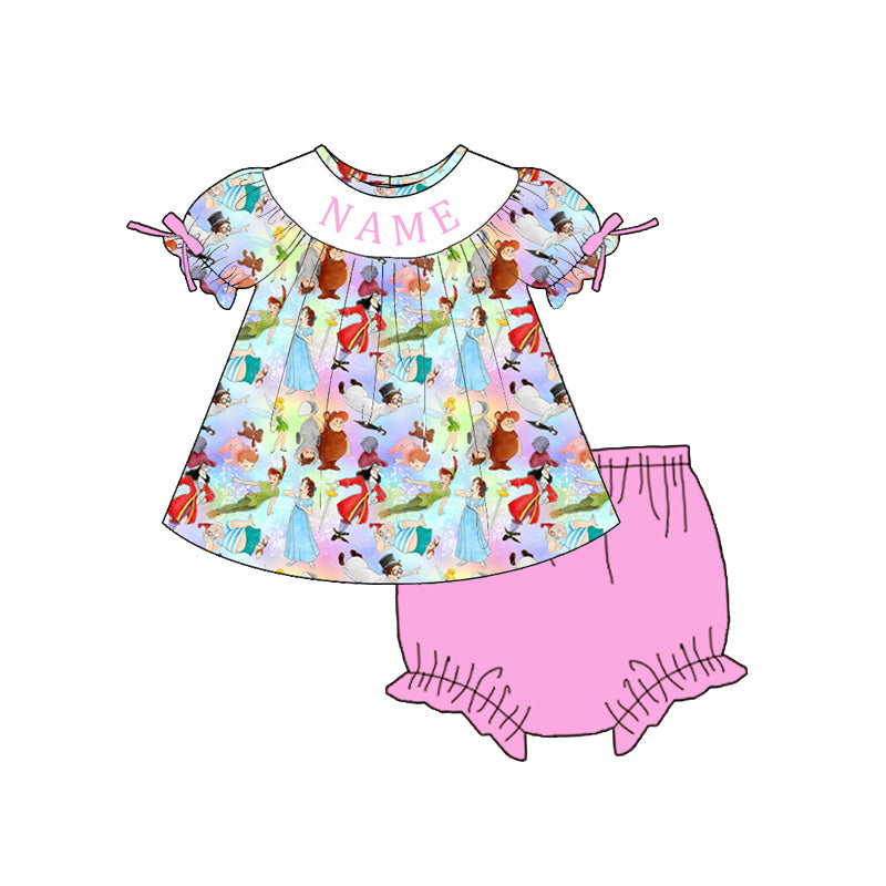 Girls Smocked Princess Cartoon Prinecess Outfit Set – Personalized Name Dress, Romper & Matching Pink Sets