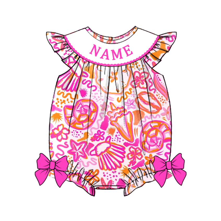 Summer Girls Beach Print Custom Name Smocked Embroidery Set Collection