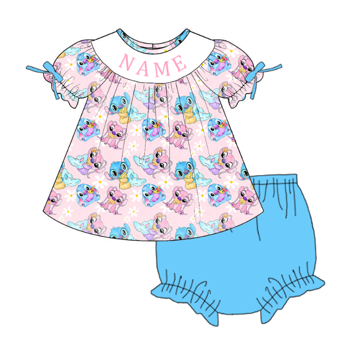 Girls Smocked Cartoon Outfit Set – Personalized Name Pink Dress, Romper & Blue Matching Sets