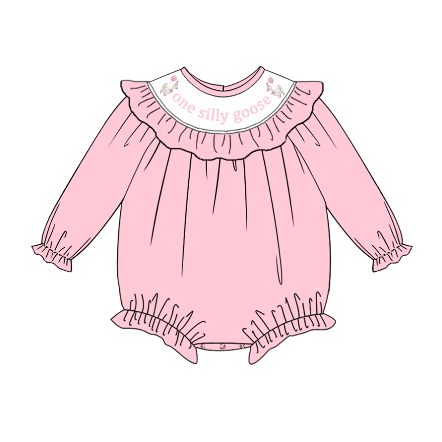 Girls Summer Pink One Silly Goose Smock Embroidery Romper