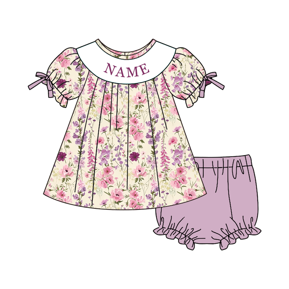 Personalized Floral Smocked Embroidery Girls Sibling Set – Custom Name Ruffle Outfit & Baby Romper