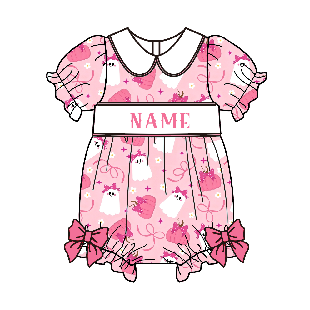 Personalized Halloween Smocked Embroidery Dress & Bubble Romper Set | Custom Name Pumpkin & Ghost Fall Outfit for Baby Girls & Kids
