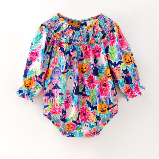 Baby Smocked Bubble Romper | Long Sleeve Floral Printed Infant Bodysuit | Fall Holiday Collection | Boutique Baby Outfit