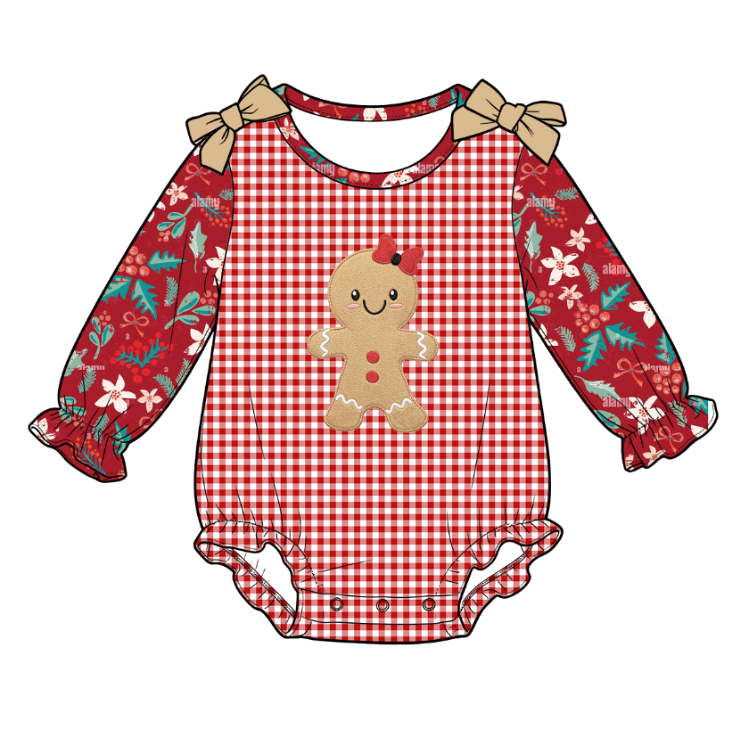 Christmas Gingerbread Embroidery Sister Matching Outfits – Girls Dress & Baby Romper