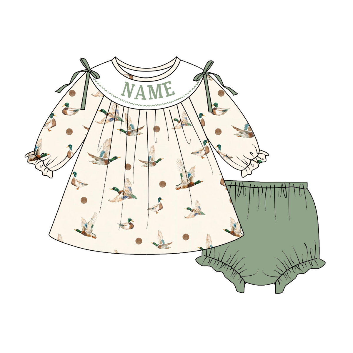 Personalized Girls Mallard Duck Print Outfits – Custom Name Embroidery Dress, Ruffle Bell Bottom Pants Set & Baby Bloomer Set