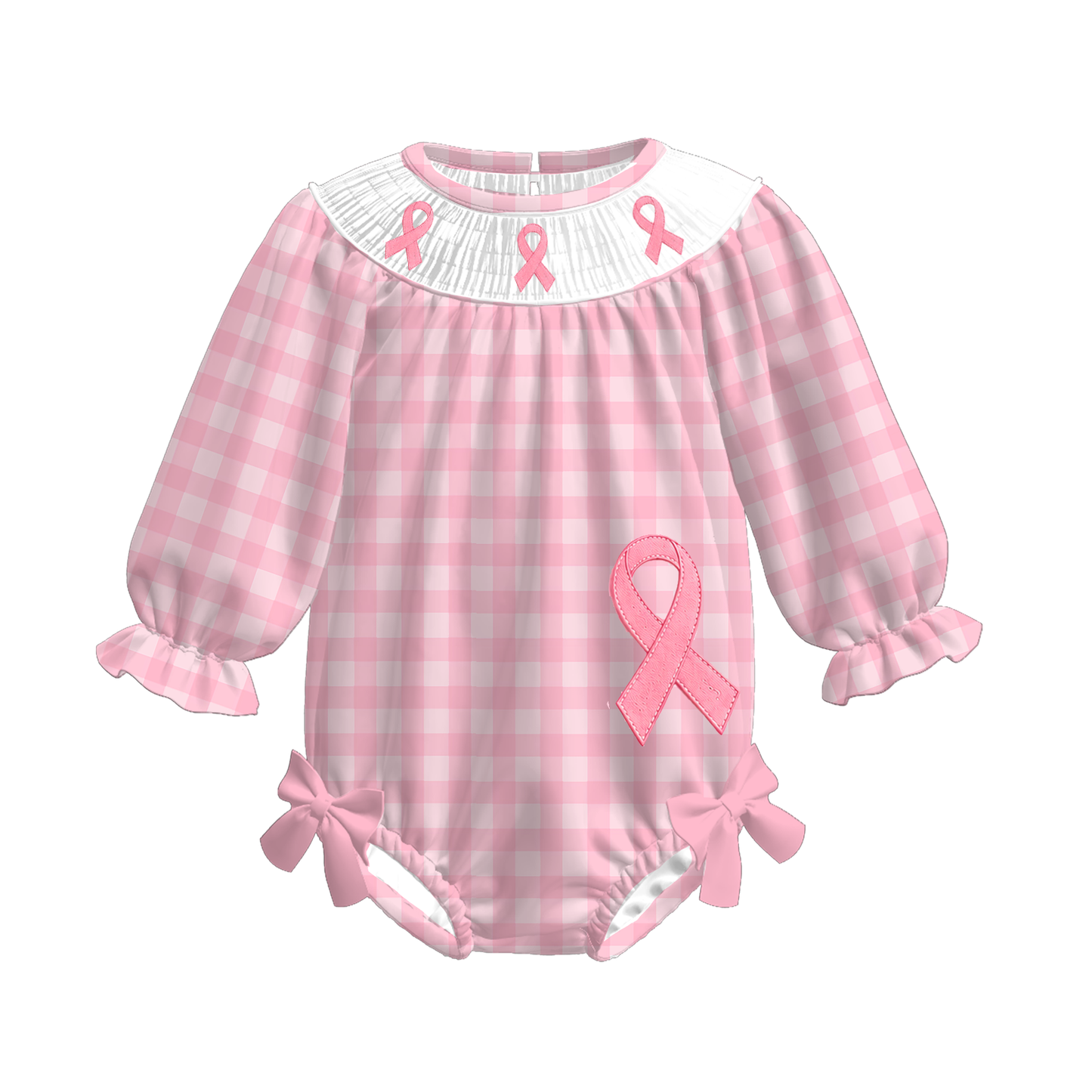 Girls Pink Smocked Embroidered Breast Cancer Awareness Collection | Long Sleeve Dress, Ruffle Pant Set & Bubble Romper