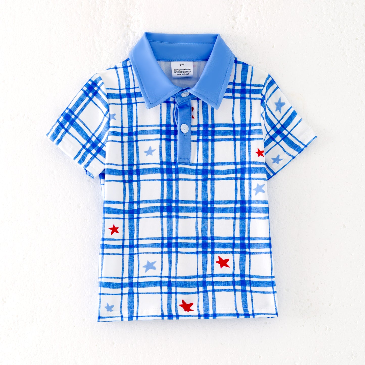 Boys Summer July 4th Patriotic Blue Plaid Polo Shirt