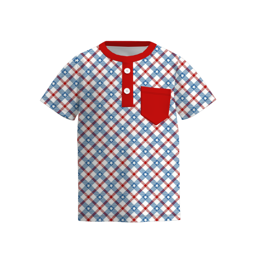 Boys 4th Of July Pocket Blue Red Plaid T-Shirt