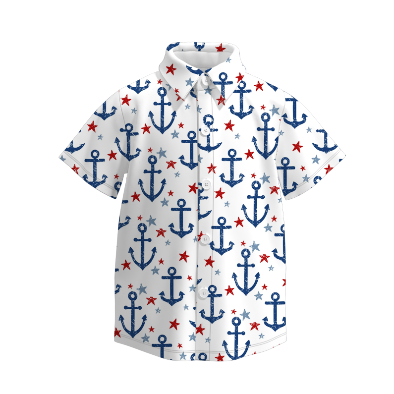 Boys July 4th Blue Red Anchor Star Short Sleeves Shirt