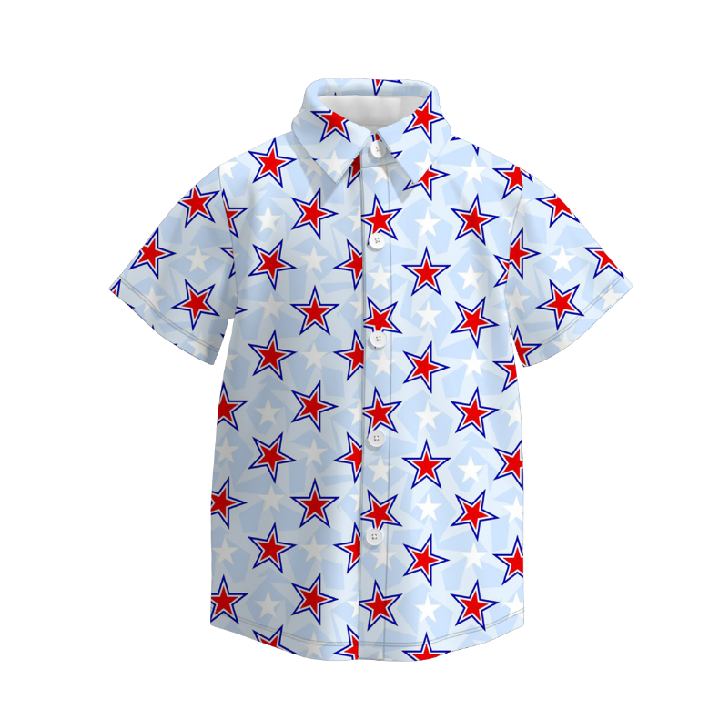 Boys July 4th Blue Red Star Short Sleeves Shirt