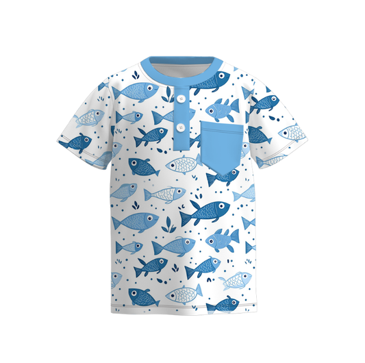 Boys Summer Fish Dinosour Goose Tree Print Pocket Shirt