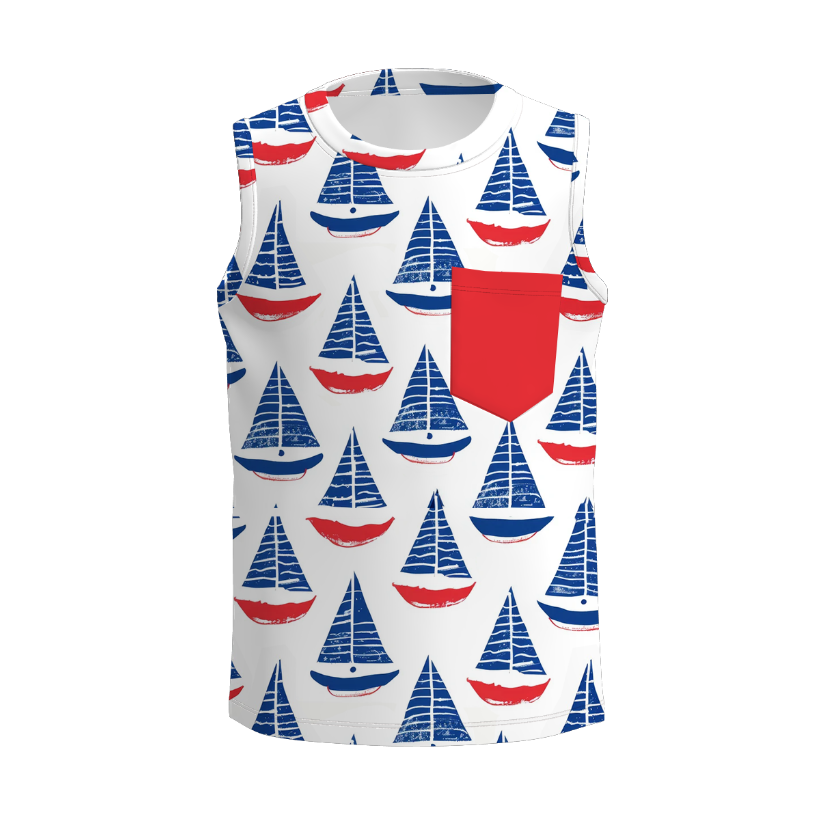 Boys 4th Of July Patriotic Red Blue Print Pocket Top