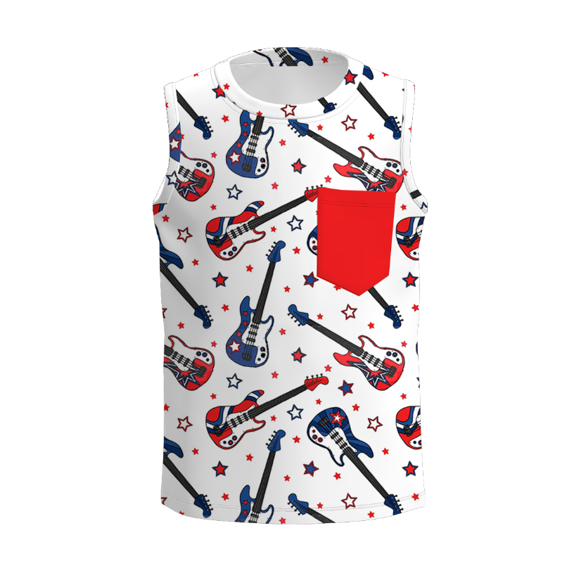 Boys 4th Of July Patriotic Red Blue Print Pocket Top