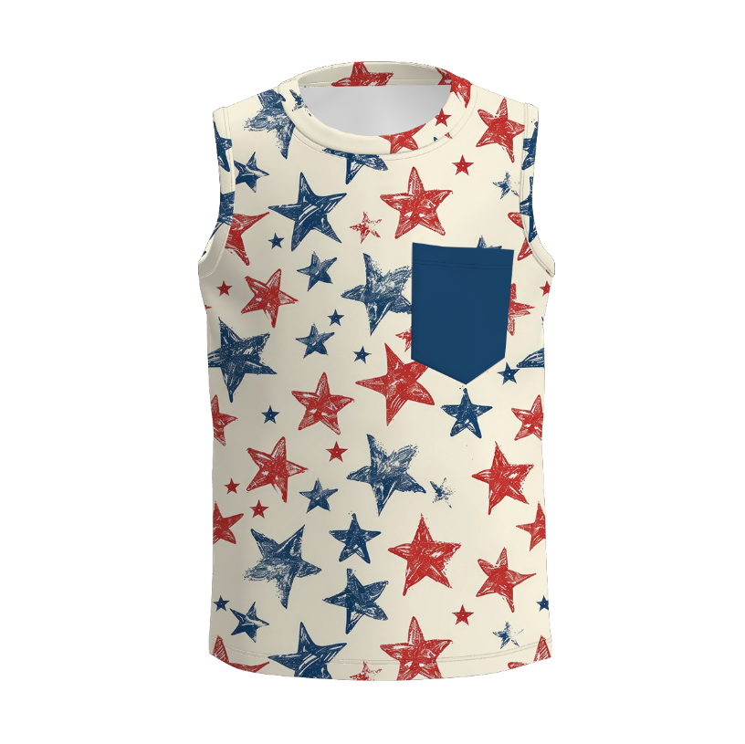 Boys 4th Of July Patriotic Red Blue Print Pocket Top