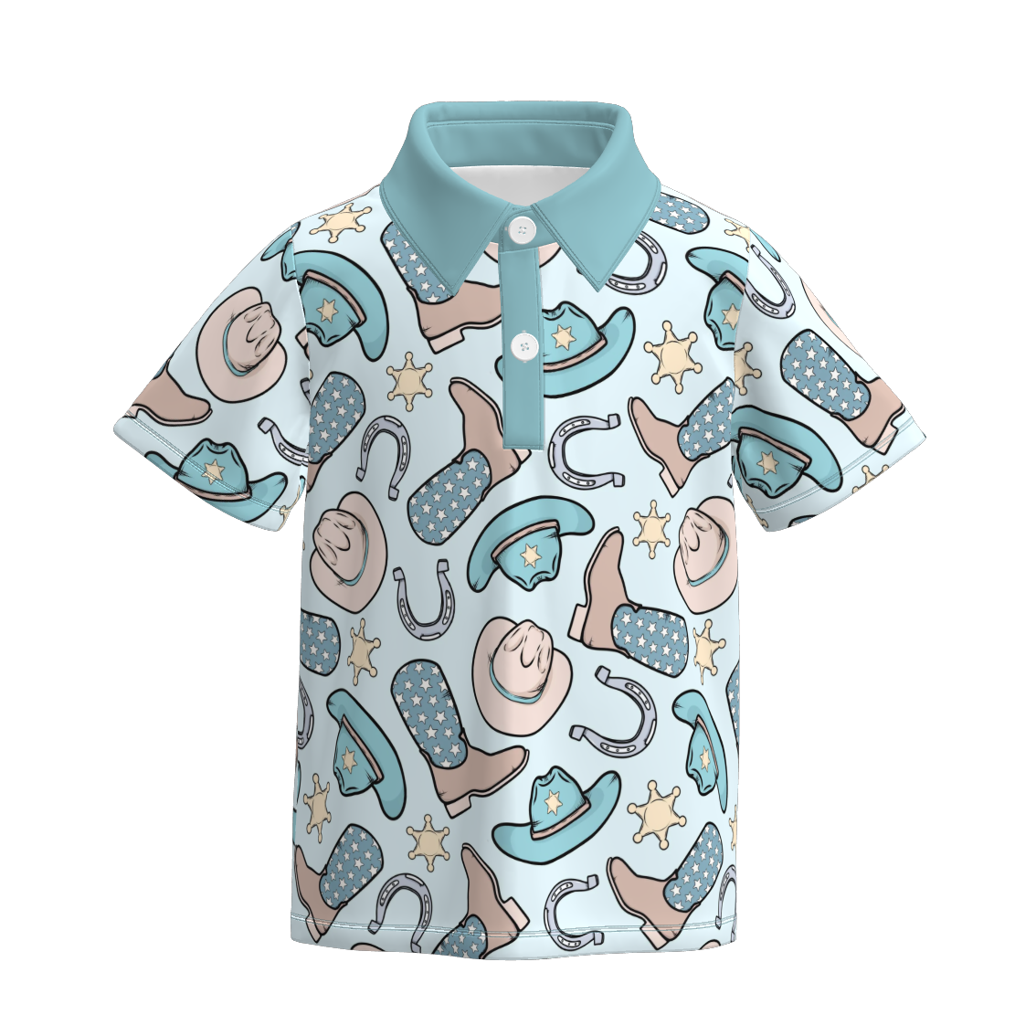 Boys Summer Blue Boots Hat Print Short Sleeves Polo Shirt