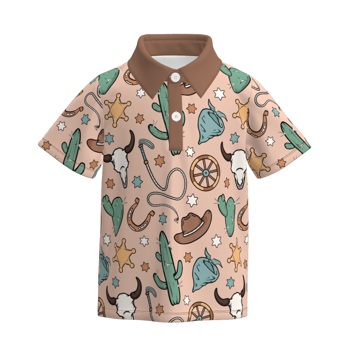 Boys Summer Brown Star Cactus Print Short Sleeves Polo Shirt