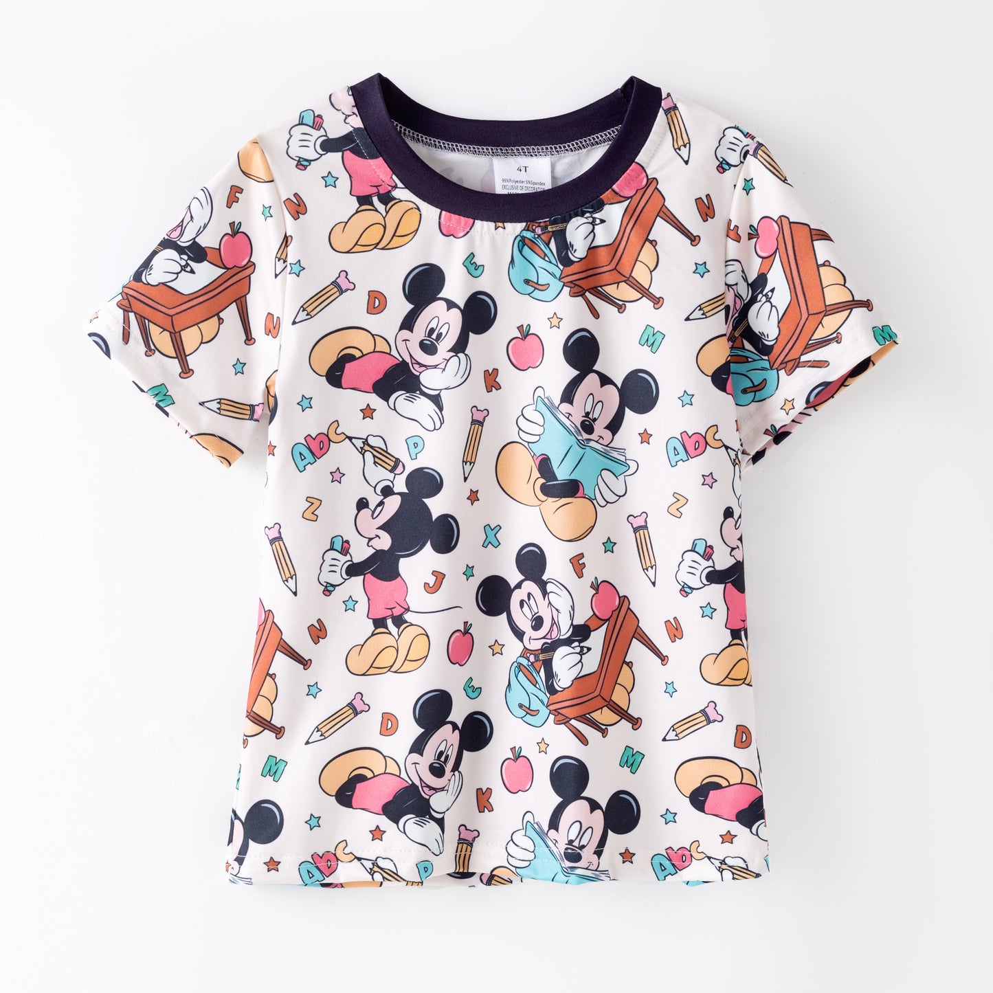 Boys Summer School Apple Cartoon Mouse Print Short Sleeves Top