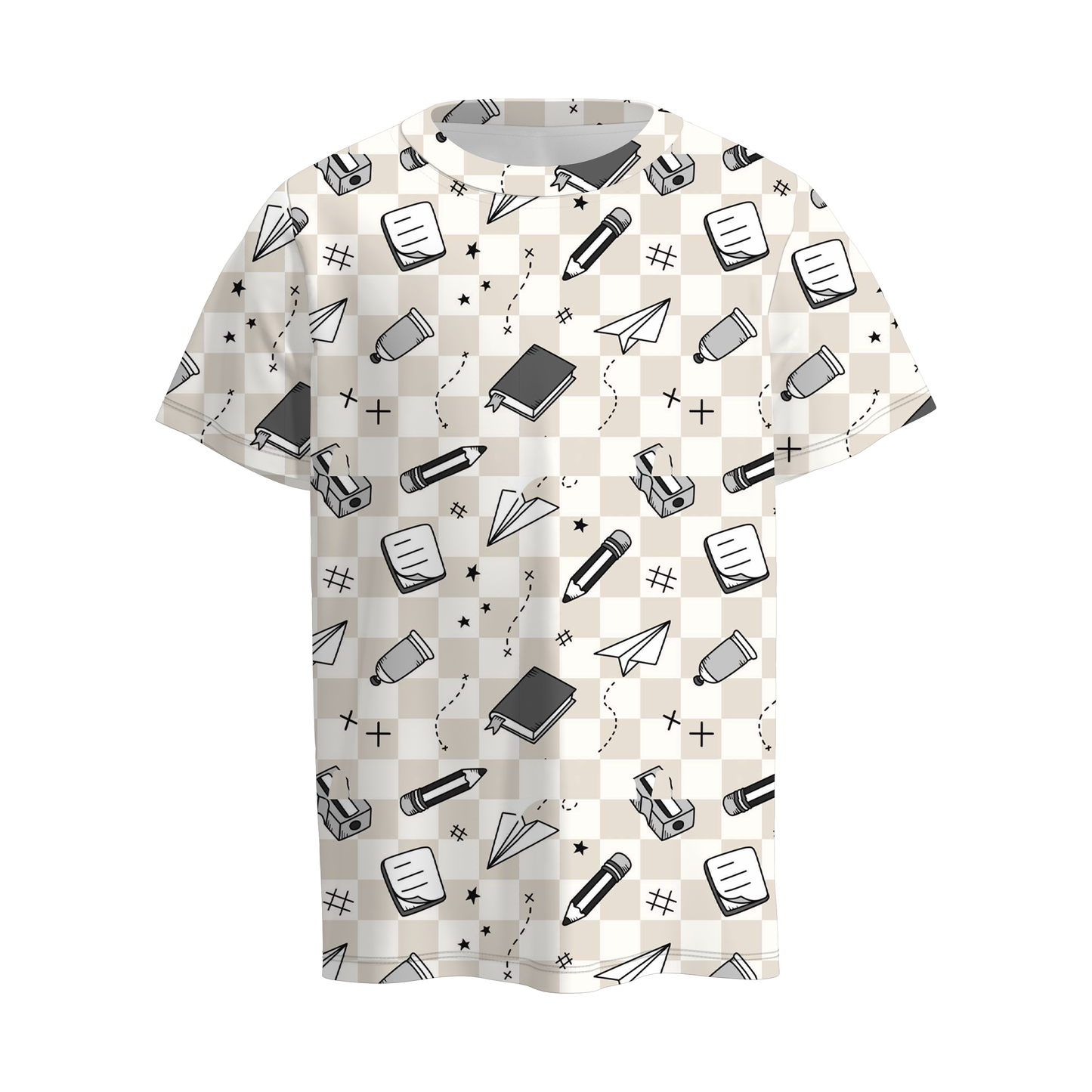 Boys Back To School Book Pencil Plaid Print T-Shirt