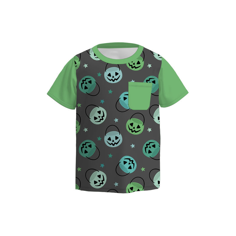 Boys Fall Halloween Skull Ghost Pocket Short Sleeves Top