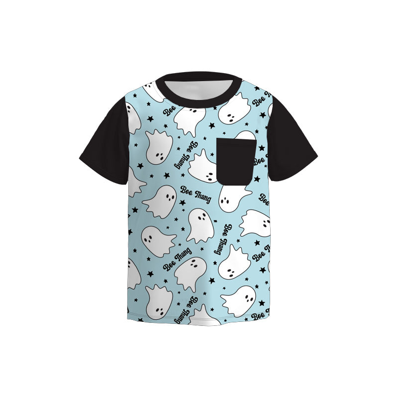 Boys Fall Halloween Skull Ghost Pocket Short Sleeves Top
