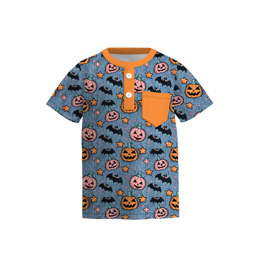 Boys Halloween Fall Pumpkin Ghost Dinosour Pocket Polo Shirt
