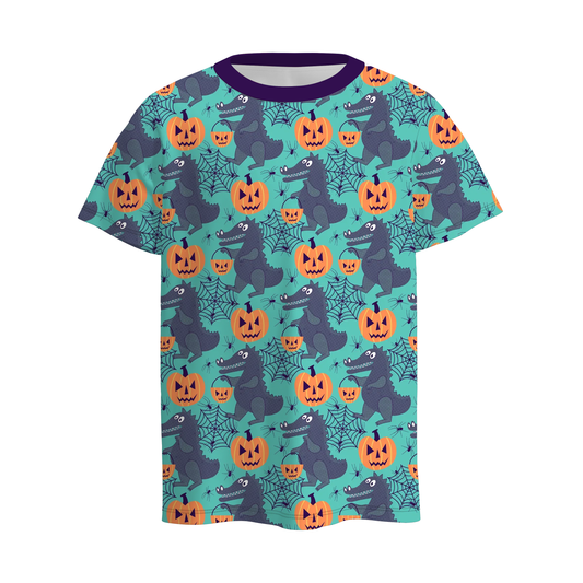 Boys Halloween Fall Pumpkin Face Ghost Dinosour Short Sleeve Crewneck T-Shirt