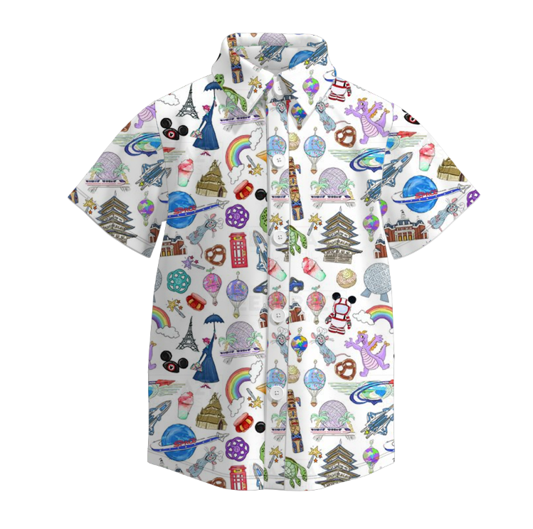 Boys Summer Fall Cute Cartoon Print Button Up Shirt