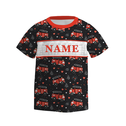 Boys V-days Fire Engine Custom Name Smock Embroidery Top & Romper