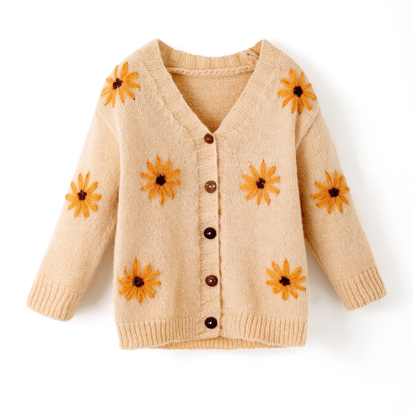 Kids Knitted Cardigan with Embroidered Sunflowers