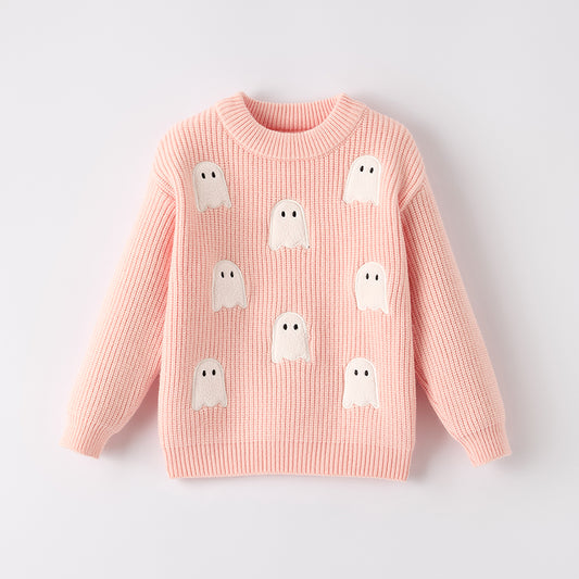 Mommy And Me Girls Halloween Ghost Applique Pink Sweater